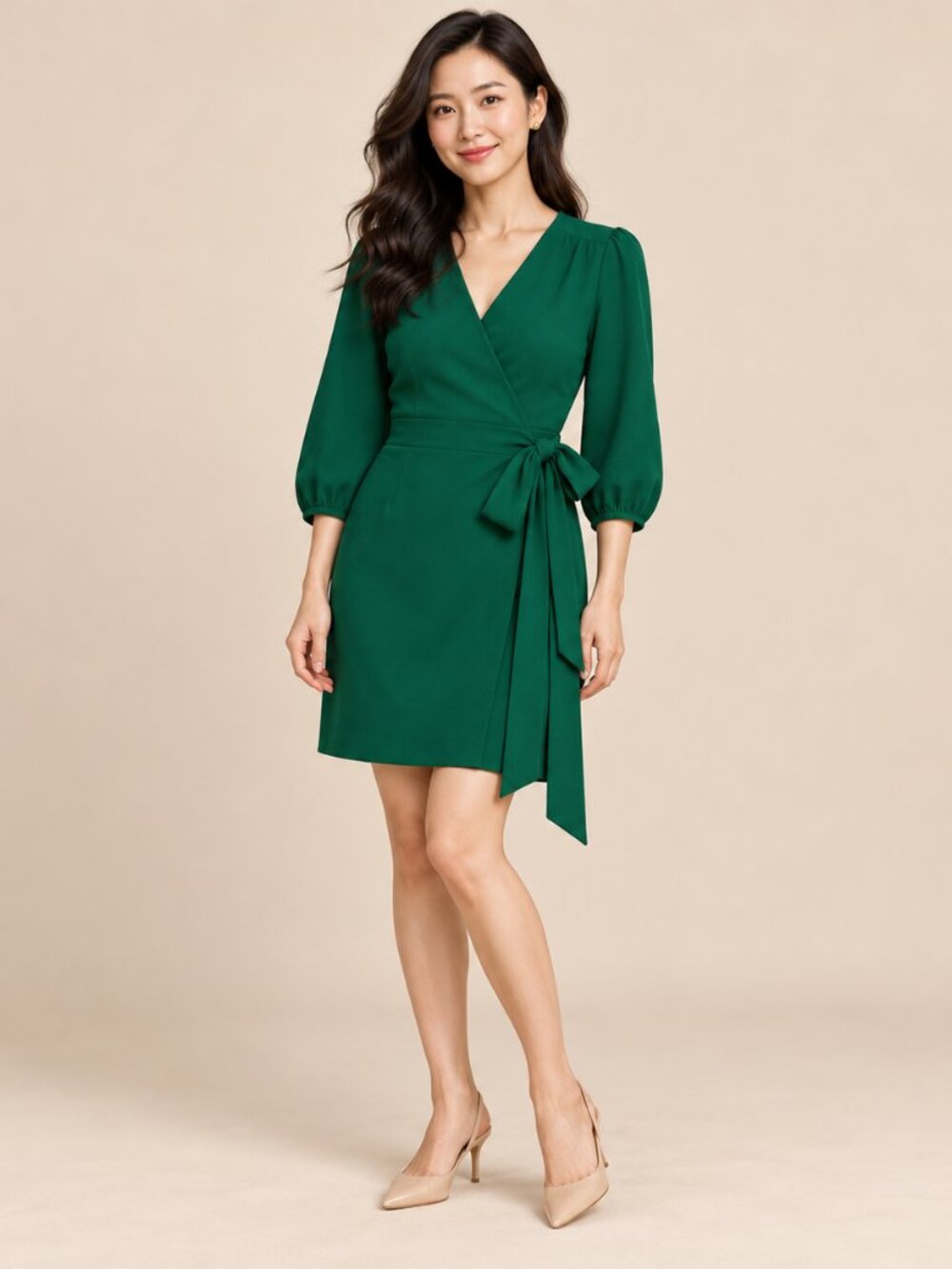 J.Crew Emerald Green Wrap Dress Balloon Sleeve Petite 4P